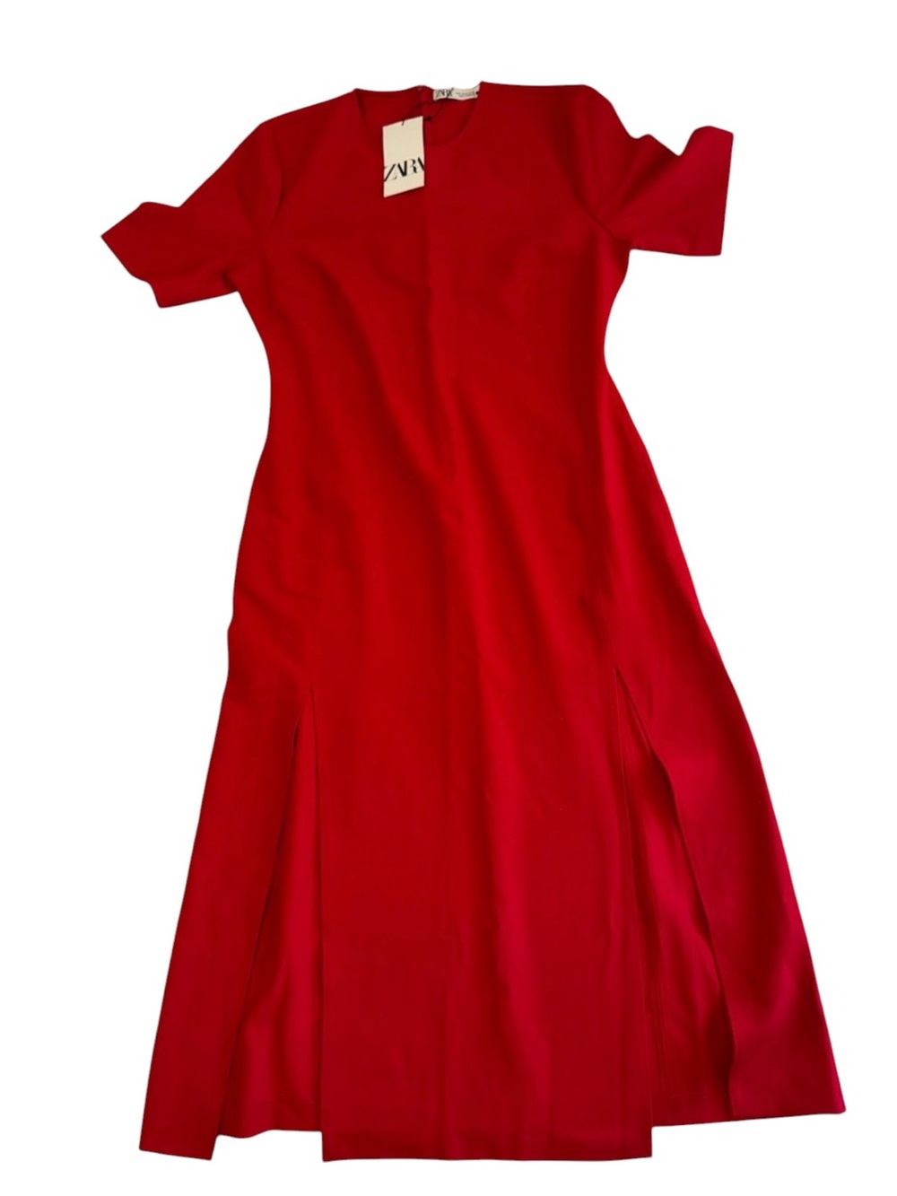 NWT Zara Vibrant Red Midi Dress with Short Sleeves and Slits size XL